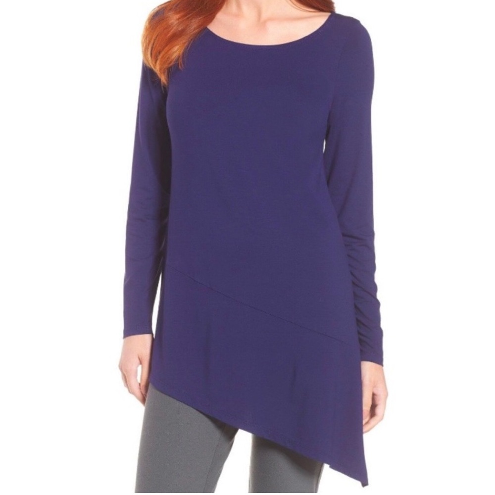 Eileen Fisher Asymmetrical Hem Long Sleeve Tunic Top Blue XL Boat Bateau Neck